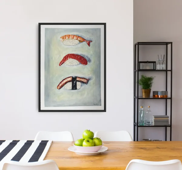 Beispiel Kunst mit Sushi auf Papier im schwarzen Rahmen