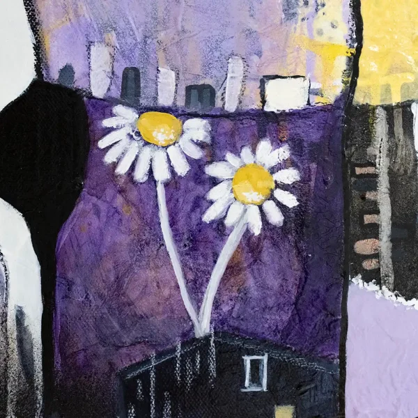 Frühlingshaftes abstraktes Kunstwerk mit Blumen und Landschaftselementen in violett und gelb mit rosa Detailaufnahme Textur